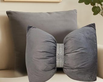 Glam Home Designs Velvet Bow Pillow – Includes Pillow Cover, Insert, and Optional Rhinestone Bow Strap