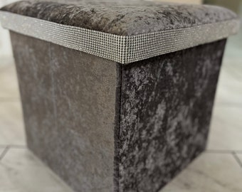 Crushed Velvet Ottoman Foot Rest with Storage, Grey