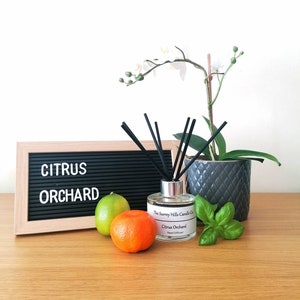 May include: A clear glass bottle with a silver cap and black reeds, filled with a reed diffuser labelled "The Surrey Hills Candle Co. Citrus Orchard Reed Diffuser". The bottle is sitting on a wooden surface with a lime, an orange, and a potted plant with white flowers.
