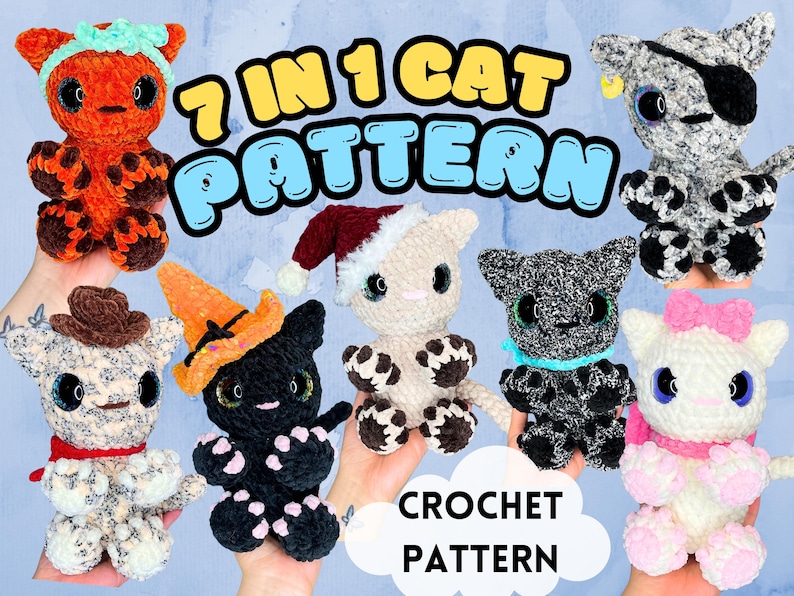 May include: Seven crochet cat patterns, each with a different personality and outfit. The patterns include a cowboy cat, a witch cat, a Christmas cat, a pirate cat, a regular cat, a black cat, and a white cat. The text "7 in 1 Cat Pattern" and "Crochet Pattern" is displayed on the image.