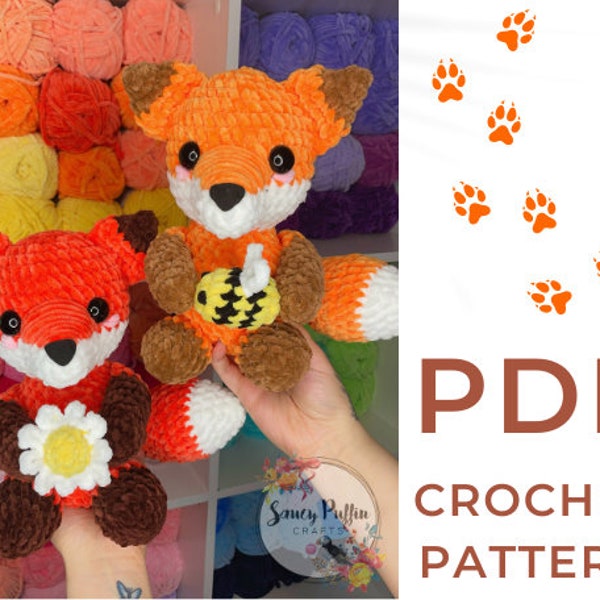 Finn the Fox Crochet Pattern; PDF Download Amigurumi Pattern; No sew bee; no sew flower
