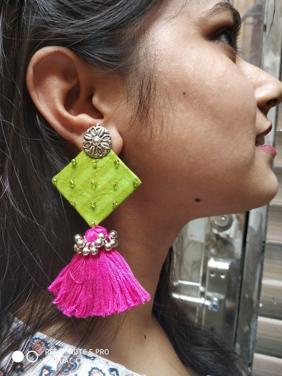 Pink Round Earrings Boho Tassel Earrings Fiber Wrapped Earrings Modern Boho Earrings Fiber Jewelry