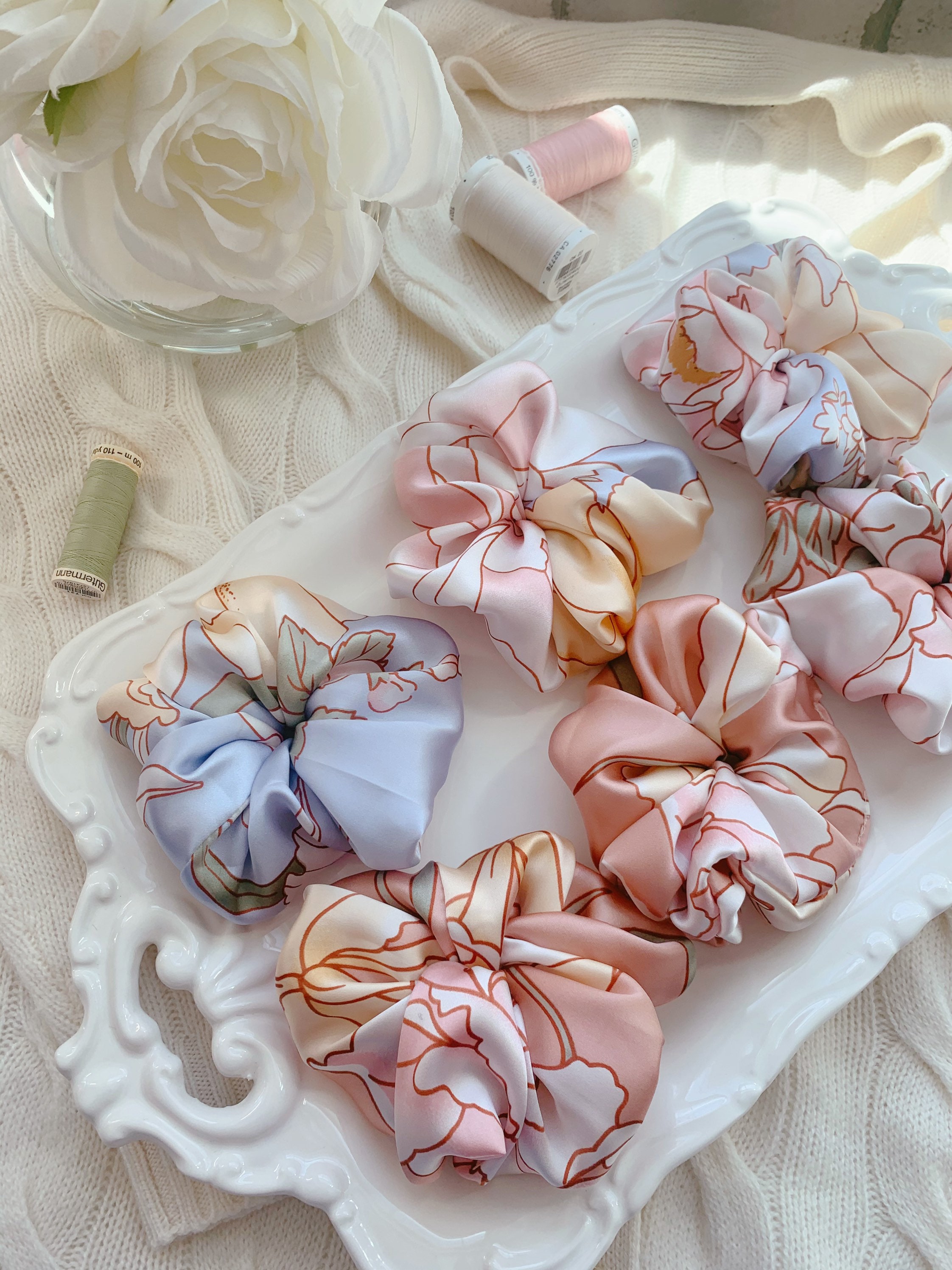 Oversize Scrunchie - Pink/Blue FLORAL - 100% Silk Satin Hair Accessor…