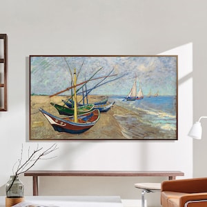 May include: A painting of a seascape with several boats on the shore. The boats are painted in shades of blue, green, and brown. The sky is a light blue with white clouds. The water is a light blue with white waves.