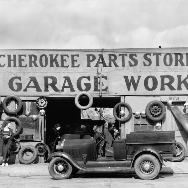 Cherokee Parts Store Garage Work Vintage Photo - Vintage car photograph - auto wall art - black and white photo - model T - Instant Download