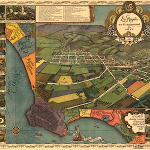 Los Angeles Map as it appeared in 1871 Travel Art Print Poster - Vintage wall art- Instant Download