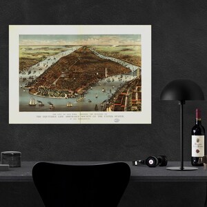 Ciry of New York Aerial Drawing Travel Art Print Poster 1883- Descarga instantánea fácil impresión en casa