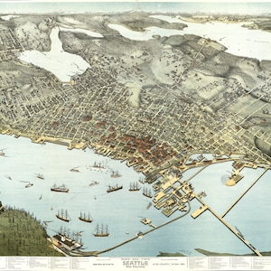 Vista de pájaros de Seattle y alrededores Condado de King, Wash., 1891 Travel Art Print Poster - Descarga instantánea fácil impresión en casa