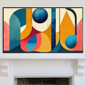 May include: Abstract geometric art print with a mix of blue, yellow, red, and white colors. The print features a variety of shapes, including circles, squares, and triangles.