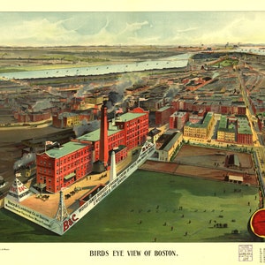 Boston Massachusetts Vintage Aerial Drawing Travel Art Print Poster 1900s - Descarga instantánea fácil impresión en casa
