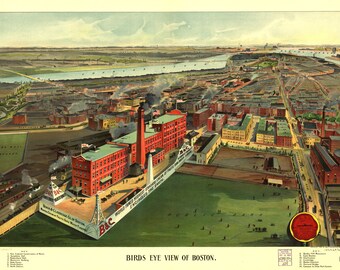 Boston Massachusetts Vintage Aerial Drawing Travel Art Print Poster 1900s - Instant Download Easy Print at Home