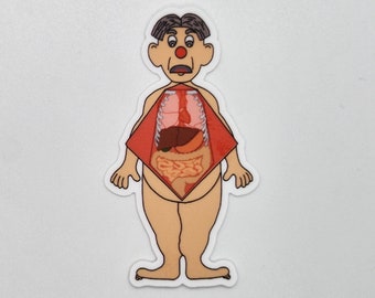 May include: A sticker featuring a cartoon illustration of a human figure with an open torso revealing internal organs. The figure has tan skin, brown hair, and a red nose. The internal organs are depicted in shades of red, brown, and beige.