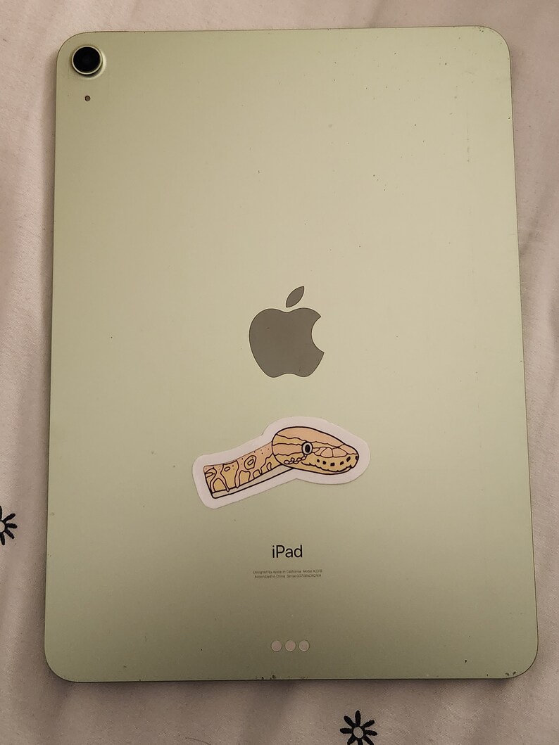 Op de afbeelding: Een lichtgroene iPad met een slangsticker op de achterkant. Het Apple-logo is zichtbaar. Het woord "iPad" staat eronder gedrukt. De sticker is beige met een slangenontwerp.