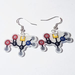 Può includere: Un paio di orecchini pendenti color argento con un design a struttura molecolare. Ogni orecchino ha uno sfondo trasparente con un'illustrazione colorata di una molecola, che include elementi rossi, blu, gialli e neri. Gli orecchini sono su sfondo bianco.