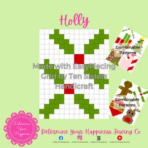 Christmas Holly Pattern comes w/ 2-panels of EasyPiecing Grid by Ten Sisters Handicraft Printed foundation Grid Quilting Sewing Grid