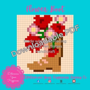 Puede incluir: Imagen pixelada de una bota de vaquero marrón llena de flores rojas y rosas. El texto "Flower Boot" está en la parte superior, con "Downloadable PDF" y otro texto superpuesto. El fondo es un patrón de cuadrícula.