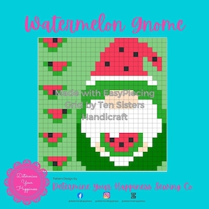 Watermelon Gnome Pattern comes with 6 panels of EasyPiecing Grid by Ten Sisters Handicraft Printed foundation, Grid Quilting Sewing Grid