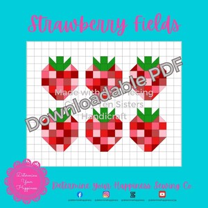 May include: A digital graphic featuring six stylized strawberries in shades of red and pink, each with a green stem. The text "Strawberry Fields" is at the top, with "Downloadable PDF" and other text overlaid. The background is a grid on a teal background.