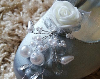 White rose, pearls and clear crystal, bridal shoe clips