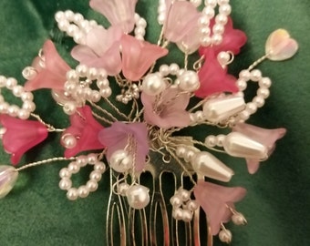 bridal or bridesmaid hair comb. "Pink Blossoms"