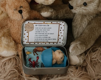 Buddy teddy | My Teddy in a Tin TM | worry doll | children with worries | children’s | comforter | Teddy bear | personalised Tiny teddy