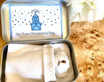 Christening gift| My Teddy in a Tin TM | Baptism | Christening gift | celebrate | Baby | Christening keepsake | Godparent | Personalised