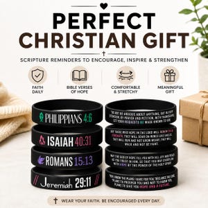 Pulsera cristiana de silicona con versículos bíblicos para hombres y mujeres, ideal para motivar la fe, bautizar y como recuerdo de la iglesia.