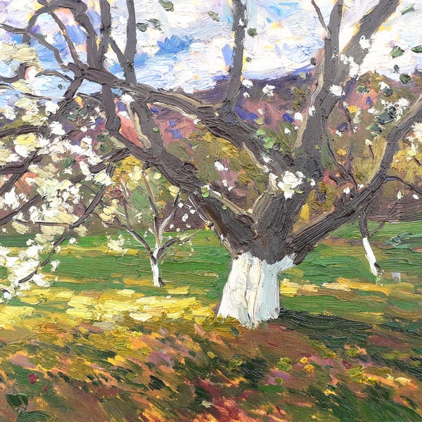 ORIGINAL OIL PAINTING, impressionism art, vintage artwork, landscape, Blooming Apple tree, Ukraine art