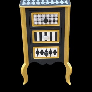 Whimsical Painted furnutire, checkered table side, table side, hand painted furniture, home decor, white and black table side