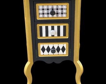 Whimsical Painted furnutire, checkered table side, table side, hand painted furniture, home decor, white and black table side