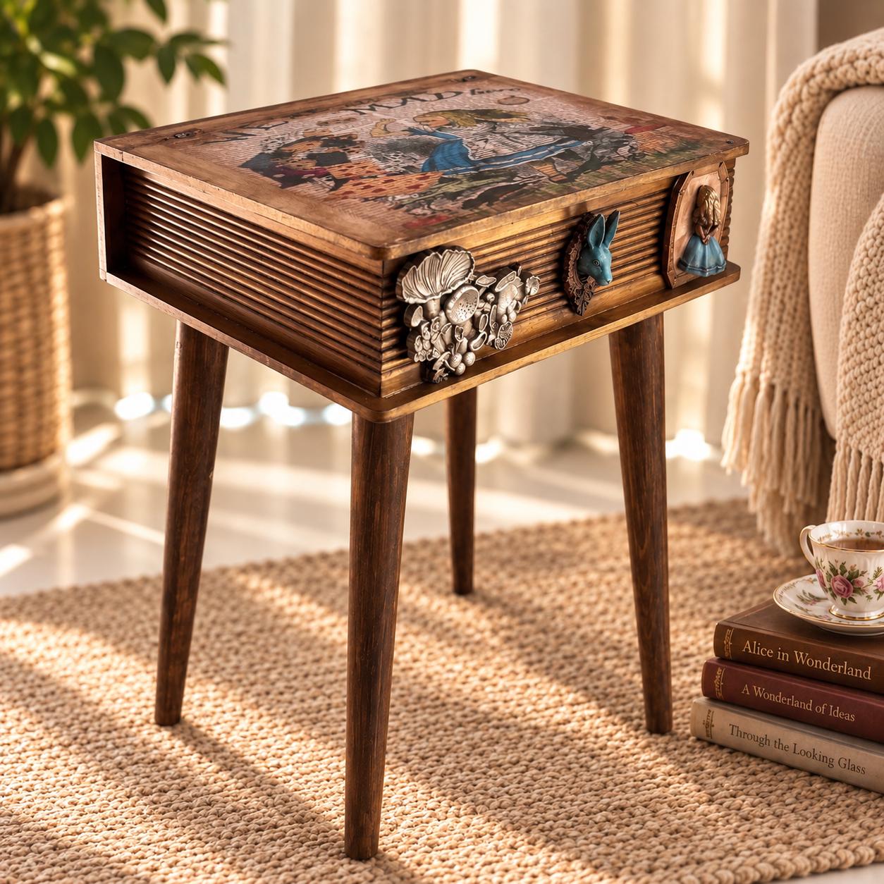 Handmade Wonderland Side Table With Storage, Whimsical Wooden
