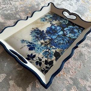 Wooden Serving Tray,Flowers designe Wooden Tray,Wood Serving Tray With Handles Gift,Blue Blanck Tray, Gift for Mom