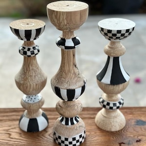 Pillar Candle Holders,Set of 3 Painted,Candle Holder,Checkered decor, damage candle holder,White and Black,Candle Holders home decor