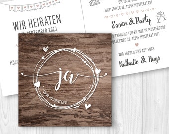 Einladungskarte Hochzeit "Woody" // gedruckt // verschiedene Formate // Holzoptik // individuell