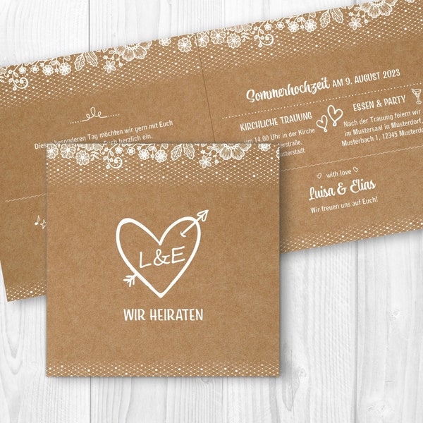 Invitation card wedding "Lace" // printed // various formats // kraft paper // individual