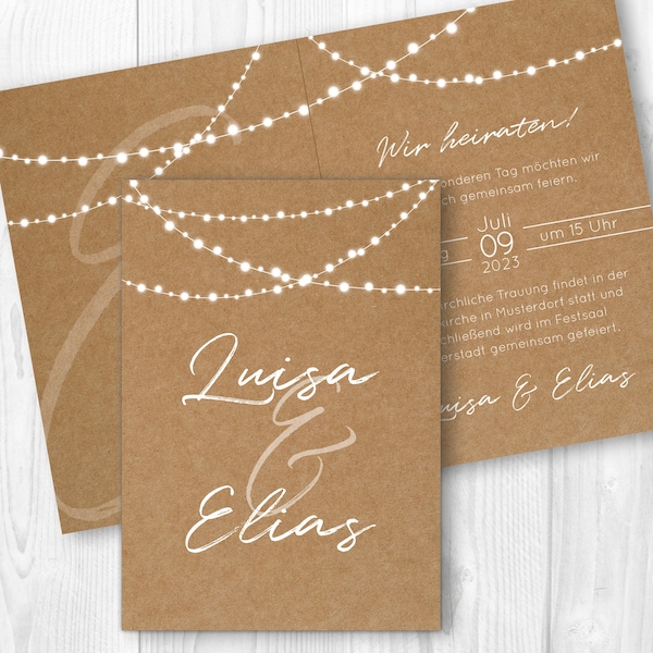 Wedding invitation card "Fairy Lights" // printed // various formats // kraft paper // individual