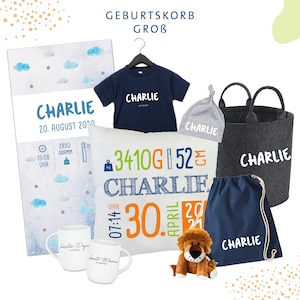 Individuell bedruckter Geburtskorb // Geschenk zur Geburt // new born // bunt // blau // Geschenkset // Junge
