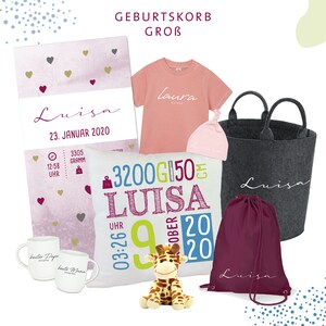 Individuell bedruckter Geburtskorb // Geschenk zur Geburt // new born // bunt // rosa // Geschenkset // Mädchen
