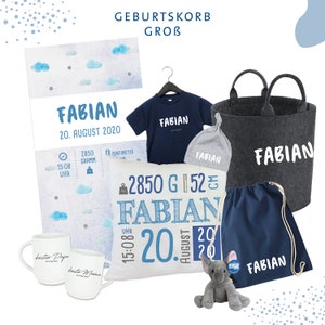 Individuell bedruckter Geburtskorb // Geschenk zur Geburt // new born // blau // Geschenkset // Junge