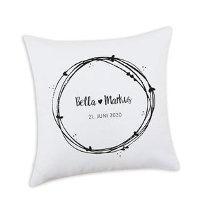 Personalized Wedding Pillow Printed with Names and Wreath White 40x40cm