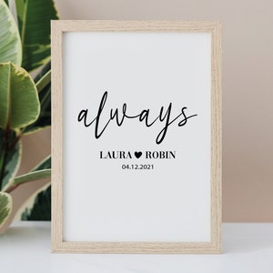 Poster &quot;Always&quot; personalized // gift for the wedding // wall decoration // modern typographic print // A4 // A3