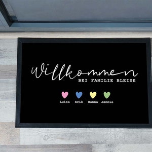 Fußmatte, Pastell//rosa, personalisiert mit Namen, Willkommen Familie mit Herz, Frühlingsfarben, waschbar und rutschfest, mit Rand