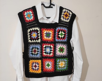 Granny Square Crochet Vest: Handmade Organic Cotton Blend