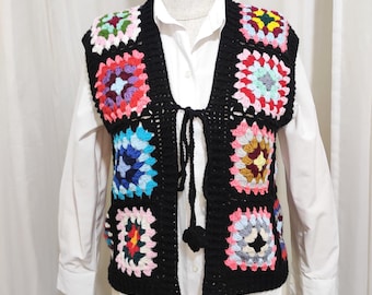 Handmade Granny Square Crochet Vest: Cotton Blend Sleeveless Top