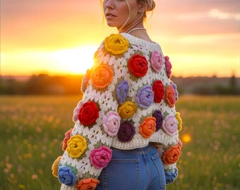 Puede incluir: Un suéter de ganchillo color crema con un patrón denso de aplicaciones florales tridimensionales en tonos vibrantes de rojo, amarillo, naranja, rosa, morado y azul, combinado con unos vaqueros azules clásicos.