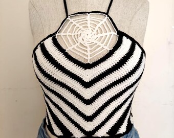Spooky Spiderweb Crochet Halter Top: Handmade Halloween Crop Top - Festival Wear & Goth Style