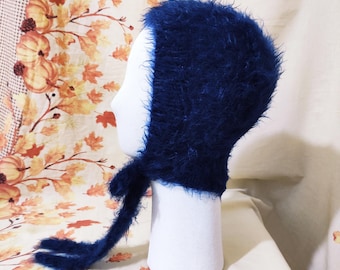 Hand-Knitted Fluffy Tie Blue Bonnet: Crochet Vintage Style