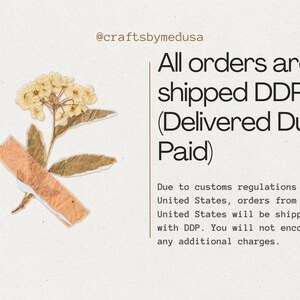 May include: A beige background with text and a dried flower arrangement. The text reads "All orders are shipped DDP (Delivered Duty Paid)" and explains customs regulations. The shop's Instagram handle, @craftsbymedusa, is also visible.