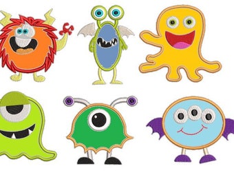 May include: Six colorful cartoon monster illustrations. The monsters are various colors, including orange, blue, yellow, green, and light blue. Each monster has a unique design and expression.