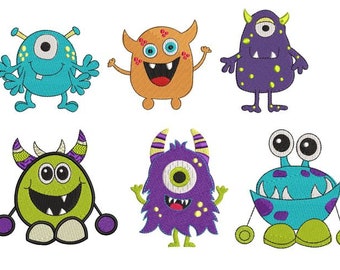 May include: Six colorful cartoon monsters with different expressions and features. The monsters are all smiling and have large eyes. They are all different colors, including blue, green, purple, and orange.